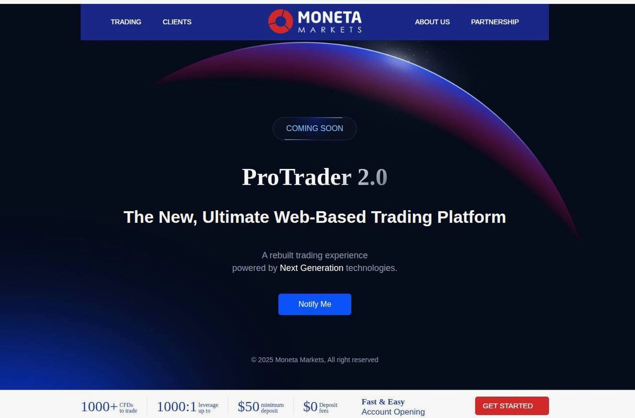 The platform page on the Moneta Markets website