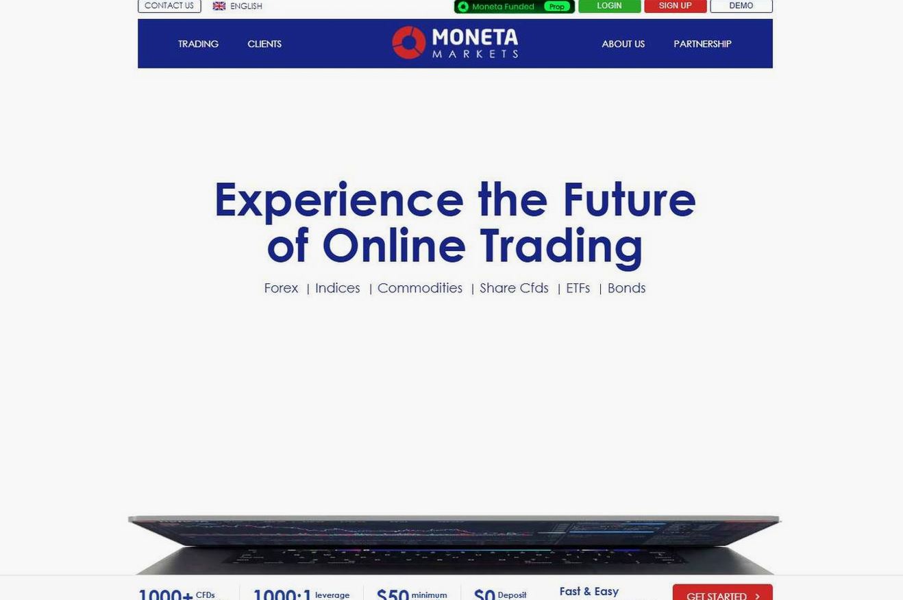 Screenshot of the Moneta Markets website