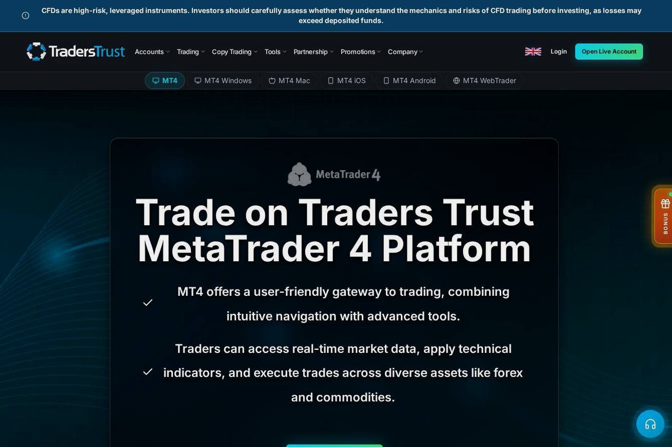 The platform page on the Traders Trust website