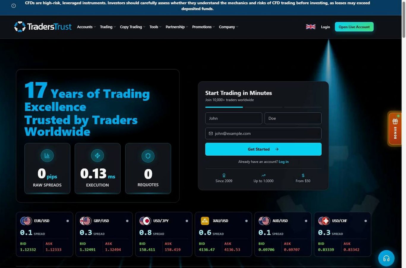 Screenshot of the Traders Trust website