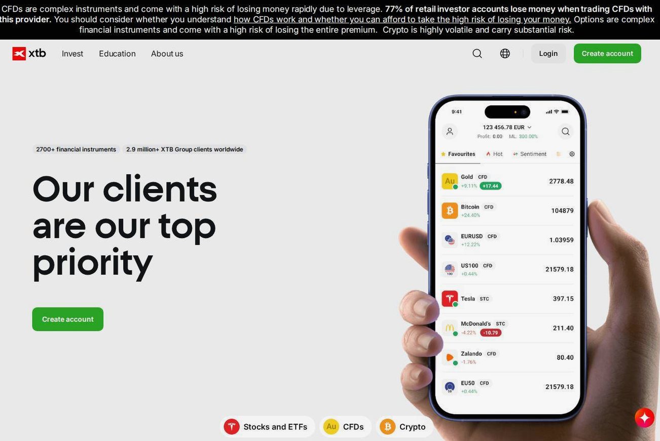 Screenshot of the XTB website